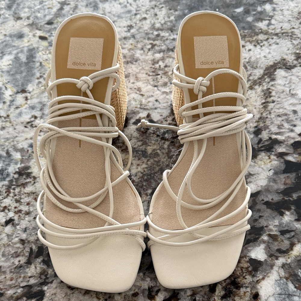 Dolce Vita Cream Lace-Up Woven Block Heel Sandals